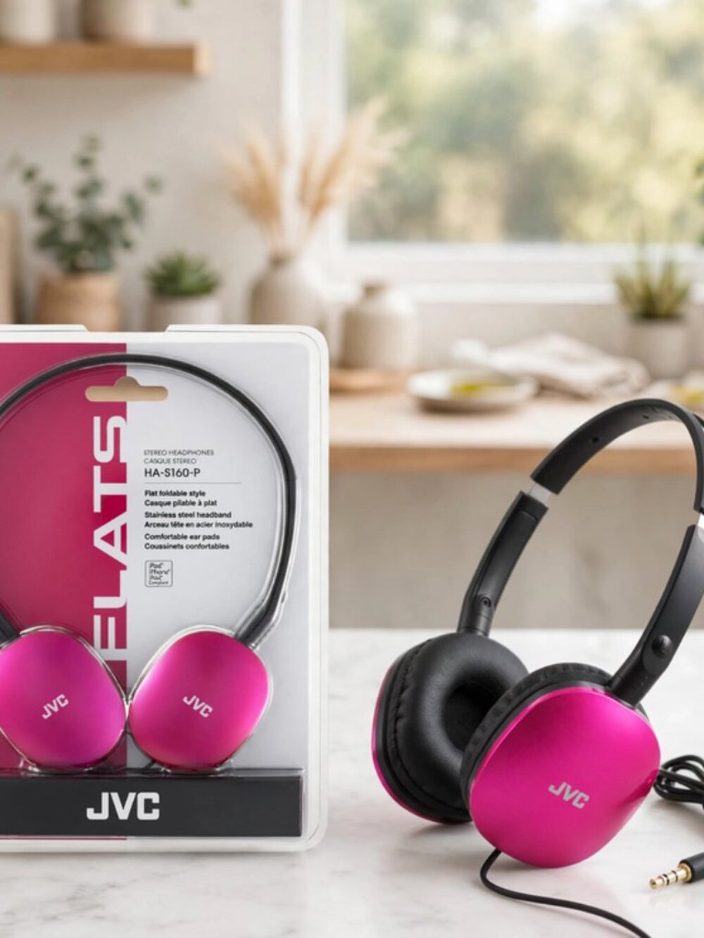 JVC Flats On-Ear Wired Headphones - Flat Foldable Design - 30mm - PINK